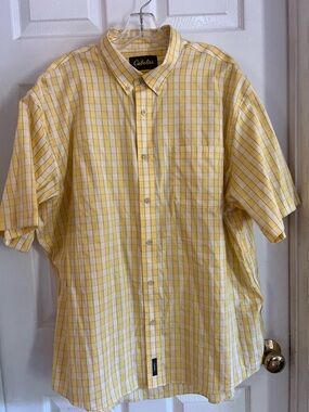 Cabela's Butter Yellow plaid short-sleeve button Men’s Shirt 2X Cotton Preppy